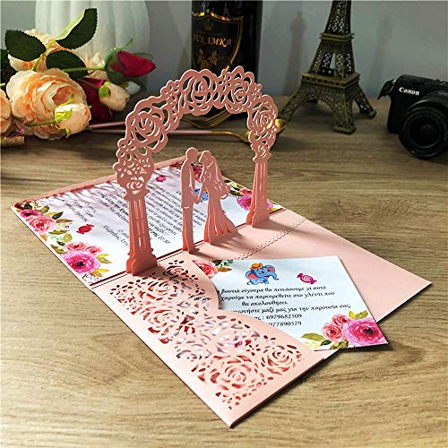 Invito a nozze pop-up 3D Rosa con carte RSVP sposa e sposo tagliati laser per fidanzamento, anniversario, inviti matrimonio con busta, 20 pezzi