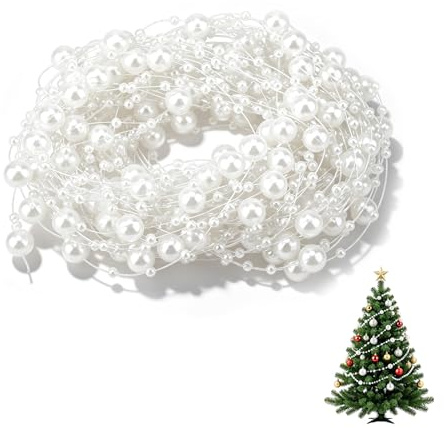 Guirlande Perle,Guirlande de Perles de Noël,guirlandes Noel Blanche,10 M Perles artificielles chaîne Perless Guirlandes de Perle de Noël décoration de fête de Mariage(Blanc)