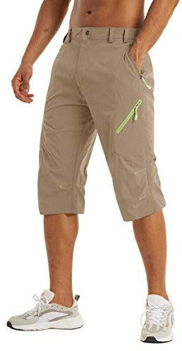 KEFITEVD Herrshorts, under knät, snabbtorkande, 3/4, vandring, långa promenadshorts, sommar, tunna capribyxor med 4 fickor med dragkedja, Khaki, 42 SE