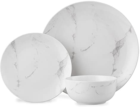 Lewis's 12 Piece Marble Plate Set/Marble Dinner Sets / 4X Dinner Plates, 4X Side Plates, 4X Bowls/Microwave/Dishwasher Safe/High Grade Porcelain