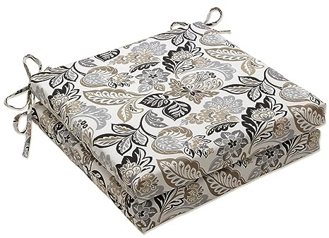 Pillow Perfect Floral Indoor/Outdoor Square Corner Chair Seat Cushion with Ties, Plush Fiber Fill, Weather, and Fade Resistant, 20 x 20, Black/Tan Dailey, 2 Count