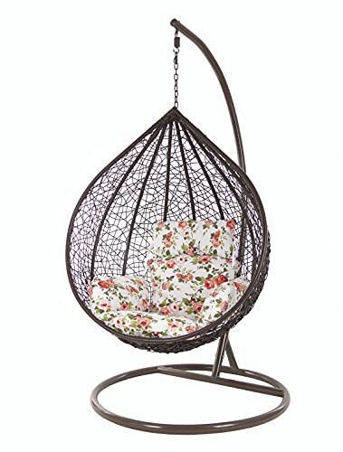 KIDEO Komplettset: großer Hängesessel mit Gestell & Kissen, XXL Größe, Korbsessel, Poly-Rattan, (Korb & Gestell: Dunkelbraun, Kissen: Blumenmuster Nest (3761 Roses))