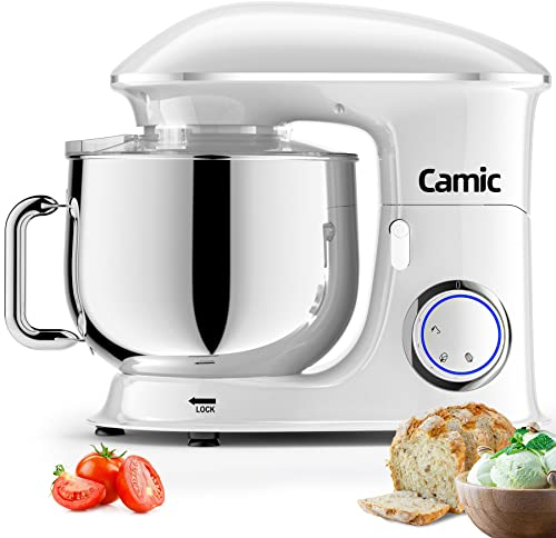 Impastatrice Planetaria 1500W 8 Litri Camic Impastatrice Planetaria con ciotola di acciaio inossidabile, frusta, gancio per impastare, frusta per dolci, lavabile in lavastoviglie (Bianca)