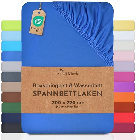 NatureMark Basic Boxspringbett & Wasserbett Spannbettlaken 200 x 220 cm - 40 cm Steghöhe - 200x220cm Spannbetttuch - 100% Baumwolle, Royal blau