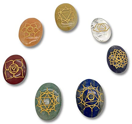 DOJA Barcelona | Set Pietre chakra con Mandala | Cristalli Chakra | Pietre Curative dei 7 Chakra: Diaspro Rosso, Corniola, Calcite Gialla, Quarzo Verde, Lapislazzuli, Cristallo di Rocca e Ametista
