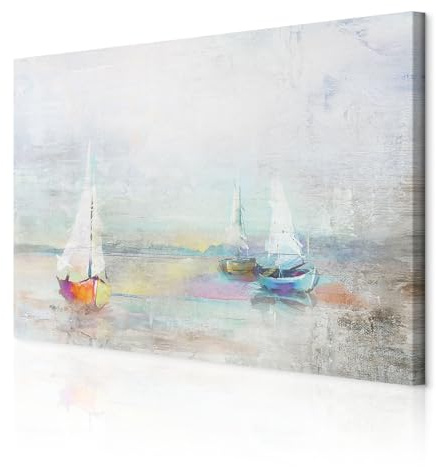 decomonkey Bilder Schiffe 120x80 cm 1 Teilig Leinwandbilder Wandbild Boote | Strukturleinwand, Holzkeilrahmen, Bild auf Leinwand, Kunstdruck, Wanddeko, Wohnzimmer, Wanddekoration, Abstrakt, See, Bunt