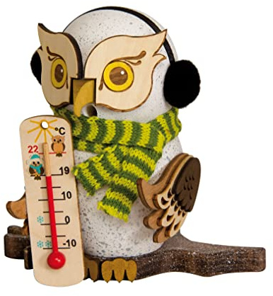 Drechslerei Kuhnert Rauchfigur/Räucherfigur - Eule mit Thermometer aus Massivholz - ca. 15 cm - Made in Germany