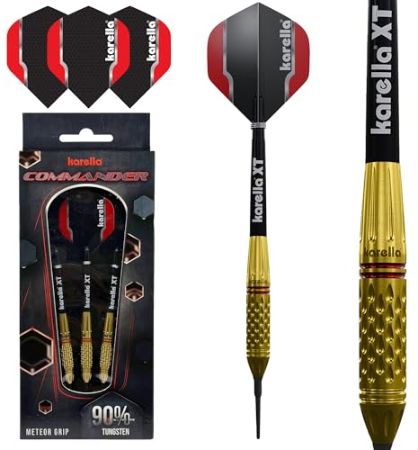 Karella Softdart Commander Gold 90% Tungsten Softdart, 18g, für elektronische Dartscheibe, 2BA Gewinde, 3 Dartpfeile mit Kunststoffspitze, Dartautomat, Wolfram, Profidart mit Flight und Shaft