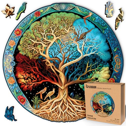 LEOGOR Eternal Tree of Life Holzpuzzle 500 Teile 45,3 x 45,7 cm Premium 5 mm Dickes Holz Mandala Kunstwerk Geschenk für Erwachsene Bildschirmfreie Entspannung Familienzeit Deko