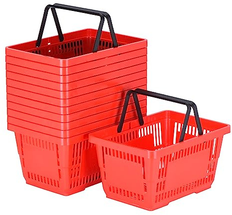 sourcing map 12 pcs Achats Paniers avec Anses, 16.7 x 11.8 x 9 pouce Plastique Main Panier Convient pour Détail Magasin, Épicerie, Cuisine, Supermarché, Jardin, Rouge