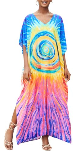 Bsubseach Kaftan Vestidos para Mujeres Traje de Baño Largo Coverup Manga Corta Más Tamaño Caftán Vestido Resort Wear Círculo de Color