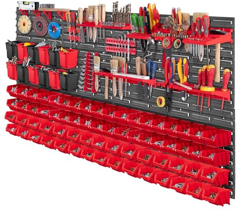 KADAX Lot de 103 Étagère murale à outils, 156 x 78 cm, étagère murale d'atelier pour garage, kit mural à outils, système de stockage avec bacs de stockage à vue, plaques murales extensibles (rouge)