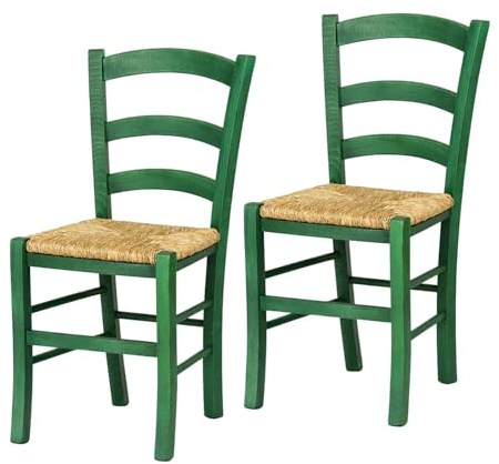 VIRSUS Set 2 Sedie Paesana in Legno con Seduta in Paglia, Misura 43x42x86 cm, Sedia Tradizionale Robusta, per Casa, Cucina, Agriturismo, Ristorante, Made in Italy (Verde)