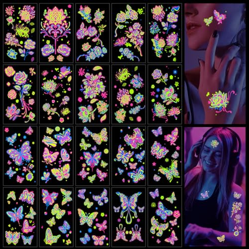 Qpout 20 Blätter leuchten in der UV Neon temporäre Tätowierungen Schmetterlingsblumen Fluoreszenz UV-Blitz gefälschte Tattoo-Aufkleber für Frauen Mädchen Gesicht Körperkunst Rave Festival