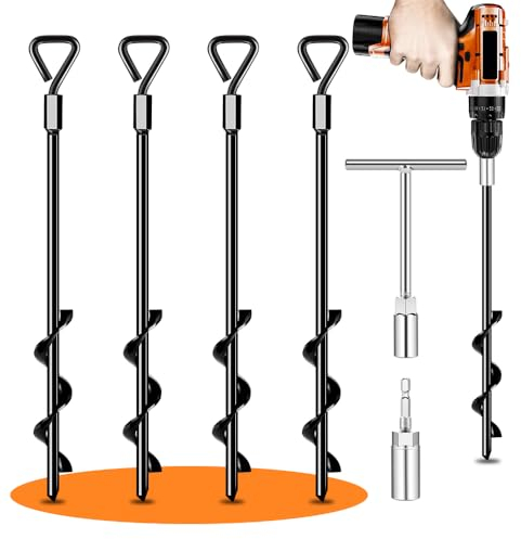 Ground Anchors Screw in Tent Pegs Heavy Duty Trampoline Stakes High Winds, Ground Anchors for Camping Tent, Canopies, Carports, Sheds, Swing Sets, Canopy Stakes Kit, Mobile Home Anchors (4)