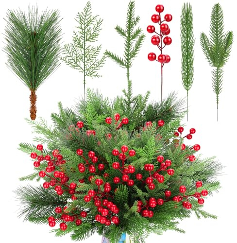 70PCS künstliche Tannenzweige Weihnachtsgrün - künstliche Tannennadeln Zweige mit roten Beeren Stämme gefälschte Tannenzweige Set für DIY Weihnachtsbaum Kranz Girlande Crafts Holiday Home Decoration