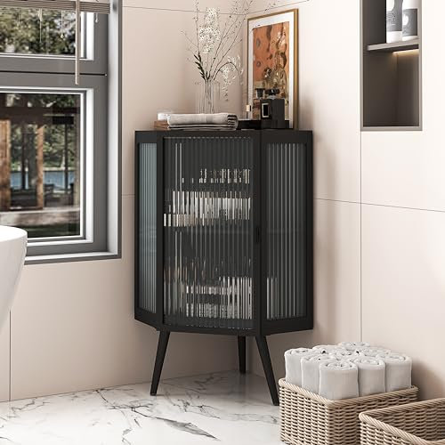 HAINEW Hörnskåp, badrumsskåp, förvaringsskåp med glasdörr och metallram, modernt badrumsskåp, högskåp, badrumsmöbler för kök, badrum, 56,5 × 42,5 × 80 cm (svart)