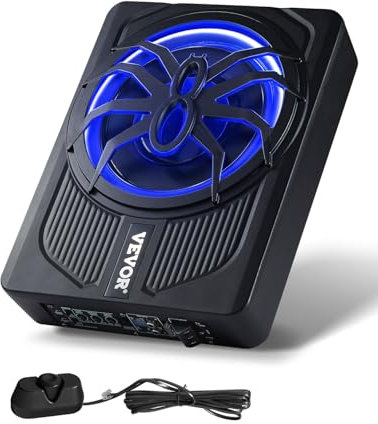 VEVOR Subwoofer per Auto Sotto Sedile, Subwoofer Auto Sottile Sistema Audio a Basso Profilo con Luce Blu, Amplificatore Integrato, Ingresso Livello Alto Basso Regolatore del Volume, 254 mm e 440 W