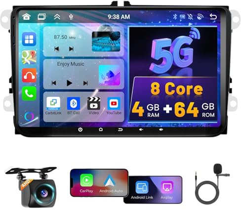8 Core 4+64GB Android Autoradio för VW Golf 5 Golf 6 Skoda Polo Passat Tiguan Touran Trådlös Carplay Android Auto, Hikity 9 Skärm Bluetooth Auto Radio Navi Backkamera WiFi FM RDS SWC