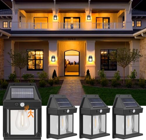 QCXWCJWD 4 Pack Solar Wall Lights Outdoor Garden, 3 Modes Security Outdoor PIR Motion Sensor Lights, IP65 Waterproof Retro LED Tungsten Wall Lights for Front Porch Balcony Patio Garage Fence Yard