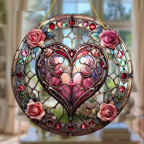 Hjärta blomma blommig ros färgat fönster hängande solfångare, blomma målat glas solfångare fönsterprydnad målat glas panel solfångare vägg hängande dekor födelsedagspresenter