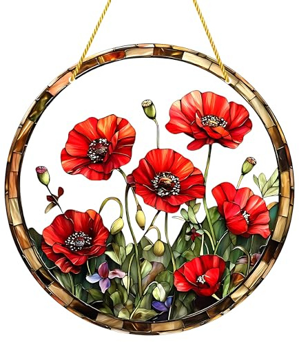 Eleganter Große Rote Blume Acryl Fensterbehang Sonnenfänger, Dekorativer Buntglas Fenster Sonnenfänger mit Hängeornament Runde Acrylplatte, Kreative Geschenkidee für Familie Freunde & Sommerheimdeko