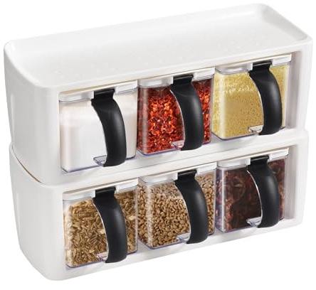 DRFGHK Gewürzbox mit 3 Fächern, mit Griff und Löffel, transparent, für Salz, Zucker, Menage (transparent), 2 Stück