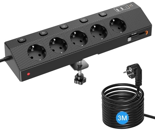 PASSUS Mehrfachsteckdose mit 2 USB C 30W, Verlängerungskabel 3M, Schwarz | 5 Fach Steckdosenleiste Überspannungsschutz, Tischsteckdose Schreibtisch, Einzeln Schaltbar, Steckdose mit USB-C Einziehkabel