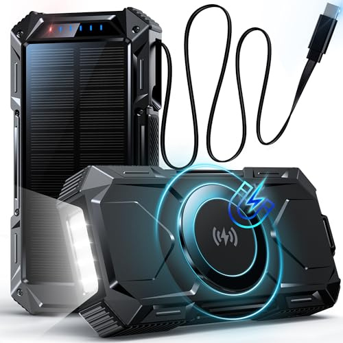Magnetic Wireless Power Bank, 26800mAh 30W Fast Charging Battery Pack with 3 Outputs, Built-in Retractable USB-C Cable,Flashlight, Solar Portable Charger for Smartphone, Travel, Emergency (Black)