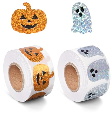 1000 Halloween Sticker Rolle, Glitzernde Geister und Kürbis Sticker Holografische Aufkleber Wasserfest Selbstklebend für Halloween Partys Umschläge und Scrapbook Dekoration