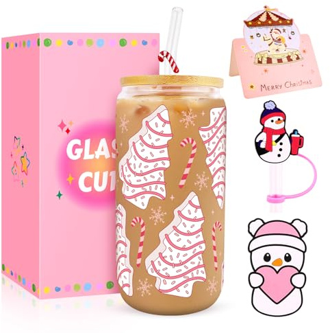 Bingtoo Taza Navidad, Regalos para mujeres o niñas, Vaso de cristal navideño con tapa de paja, posavasos y tarjeta de felicitación