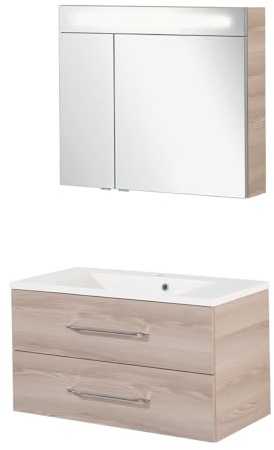 FACKELMANN B.Clever 3-teiliges Möbel-Set in Alaska Esche Holzoptik – Waschtischunterschrank, Gussmarmorbecken & LED-Spiegelschrank – Made in Germany