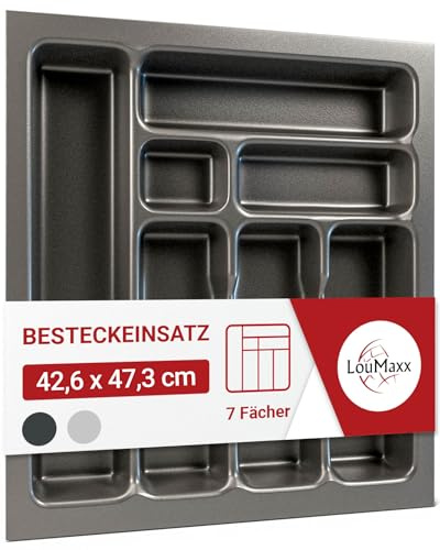 LouMaxx Besteckeinsatz für 50 cm breite Schubladen - Besteckkasten 47,3 x 42,6 cm Made in Germany, basaltgrau mit 7 Fächern und stabilen Ecken - bruchfest & langlebig