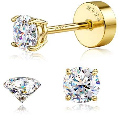 SLLAISS Moissanite Stud Earrings 925 Sterling Silver 0.07-3CTW | 14K Diamond Look Sparkle Earrings, Moissanite Flat Back Earrings for Cartilage, Helix, Conch, Hypoallergenic
