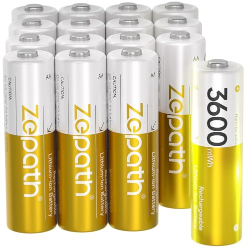 Zepath Wiederaufladbare AA Lithium Akkus 1.5V 3600mWh, 16 Pack | 16 AA Akkus, 3600mWh Kapazität, wiederaufladbar, stabile Leistung für tägliche Anwendungen
