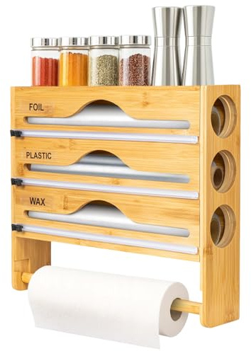 5-in-1 Bamboo Cling Film Dispenser with Cutter, Kitchen Wrap Organizer for 12/30cm Foil, Plastic Wrap & Parchment Paper, Kitchen Roll Storage with Top Shelf, Wall-Mount or Countertop (Original Wood)