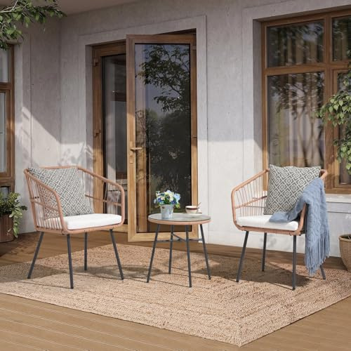 OC Orange-Casual 3-TLG Bistro Set, Outdoor Gartenmöbel, Wetterfeste Rattan Gartensofa Set mit 2 Stühle und Beistelltisch, für Veranda, Garten, Balkon, Weiß(Kissen)