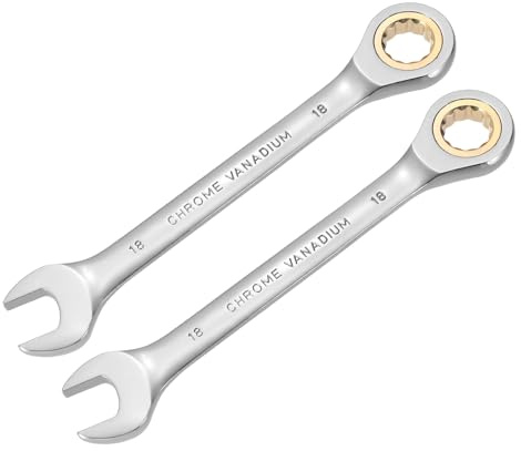 QUARKZMAN 2 Piezas Llave De Combinación Con Trinquete 18mm Métrica 12 Puntos CR-V Acero Cromado Alargada Doble Caja Abierto Llaves De Trinquete Con 72 Dientes Y 5° Oscilación Engranaje Para