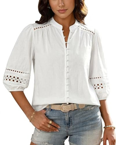 Bsubseach Women Button Down Shirt 3/4 Puff Sleeve Dressy Casual Blouse Cotton Eyelet Boho Mandarin Collar Tops White L