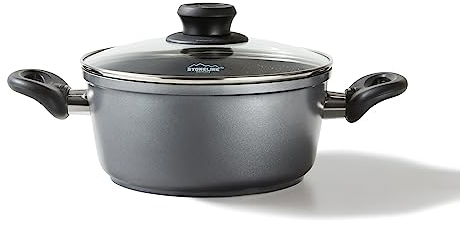 STONELINE Aluguss Kochtopf 20 cm, Topf mit Deckel 2,6 L, Antihaft beschichtet mit echten Steinpartikeln, Kochtopf Induktion 20 cm, für alle Herdarten, Backofen, Kochen ohne Fett oder Öl, Grau
