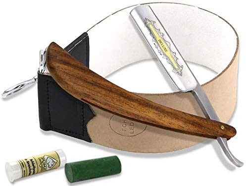 Premium Solingen Paste im Set mit Rasiermesser mit Goldätzung auf der Rasierklinge und Holzgriff + Profi Leder Leinen Kombi Abziehriemen zum schärfen
