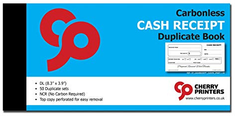 Cherry Carbonless NCR Cash Receipt Book | 50 Duplicate Sets | 8.3 x 3.9 | Perforated Top Copy | Bound with Tape | Carbon Balanced Paper
