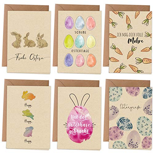 Papierdrachen Biglietti pasquali, 6 biglietti di auguri primaverili con busta per Pasqua, saluti alla famiglia, design elegante per Pasqua, motivo acquerello, set 2
