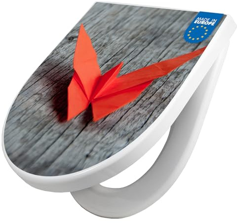 banjado WC Sitz mit Absenkautomatik D Form - Toilettendeckel mit Absenkautomatik D Form - Klodeckel Softclose - stabile Klobrille - Toilettensitz Weiß - Motiv Origami Schmetterling