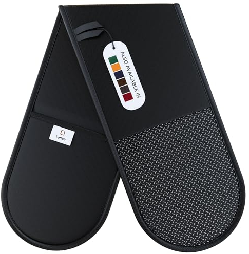 Double Oven Gloves Heat Resistant by Laffair® - Black Oven Gloves - Non-Slip Silicone - Black Kitchen Accessories - Modern Oven Mitt & Potholder for Home Cooking - Maximum Heat Protection