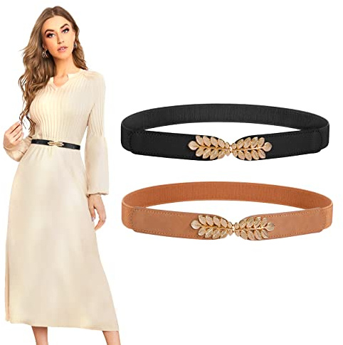 LEACOOLKEY Womens Skinny Elastic Waist Belt Stretch Retro Belt for Dress Fashion Skinny Thin Waist Belts for Ladies