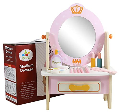 Moageme Girl Salon Set | Wooden Dressing Table Vanity Pretend Toy Set with Wooden Perfume Lipstick Eye Shadow Plate Comb Makeup Brush, Pretend Toy Set for Little Girls