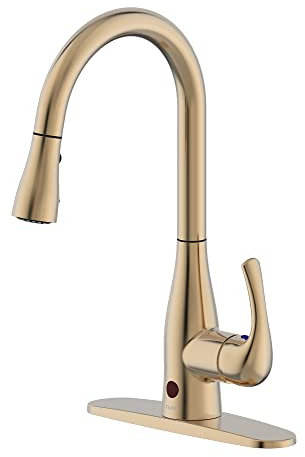 Bio Bidet Flow Touchless Kitchen Faucet with Pull Down Sprayer, Low Single Handle, Gold Champagne