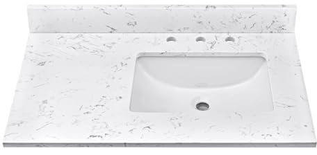 EQLOO Lavandino da bagno in marmo di pietra ingegnerizzata 91,4 x 56,9 cm, con lavello destro rettangolare sottopiano in ceramica, tre fori per rubinetto e paraspruzzi (armadio non incluso)
