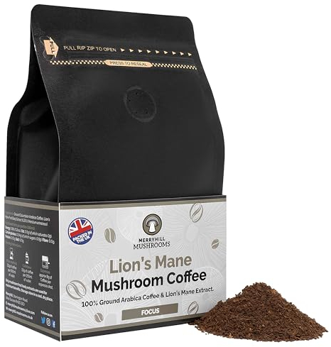 Merryhill Mushrooms - Lion’s Mane Mushroom Ground Coffee - Focus | Adaptogenic, Medium Roast Mushroom Coffee Made With Lion's Mane Extract (250g)